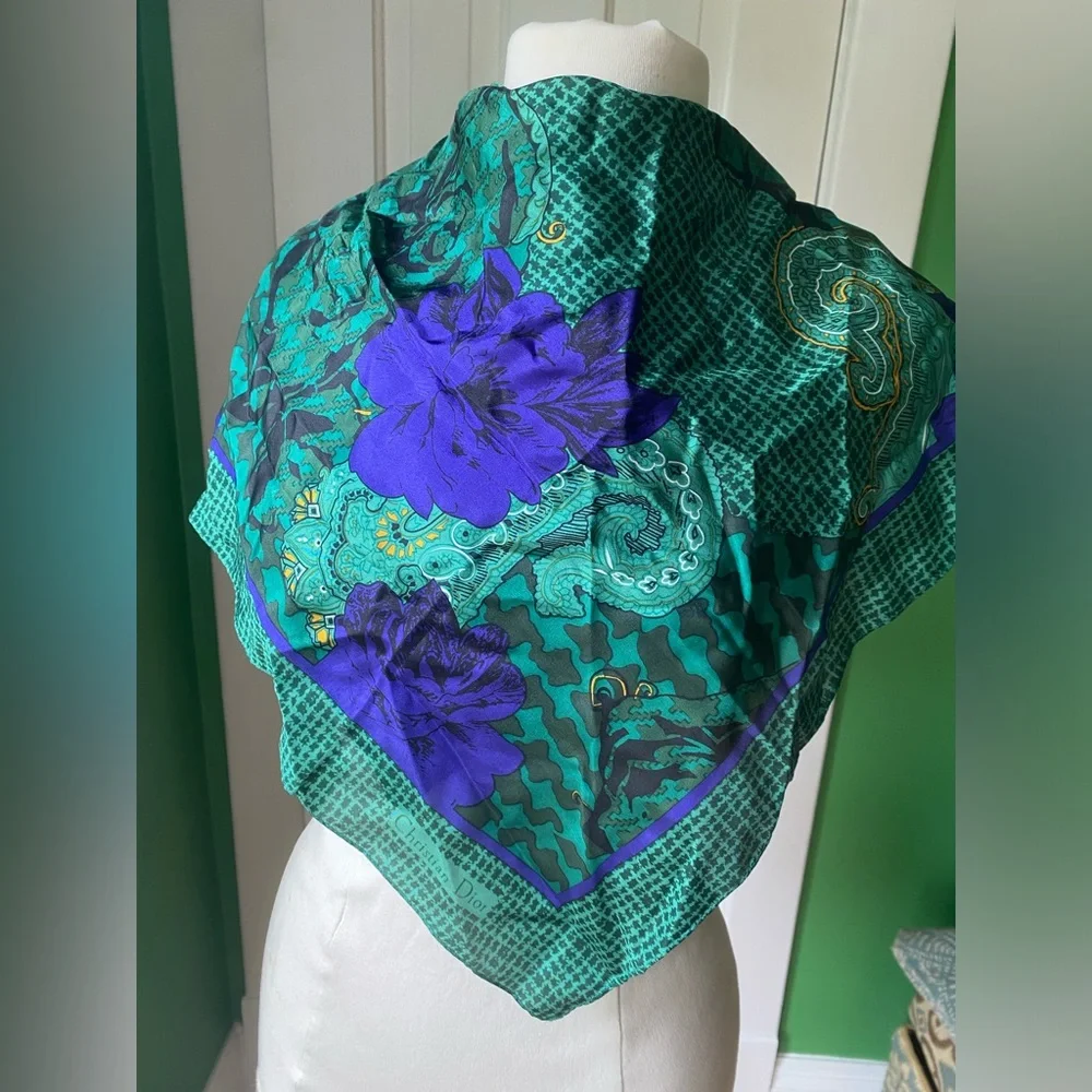 Vintage Christian Dior Green & Purple Floral Silk Scarf